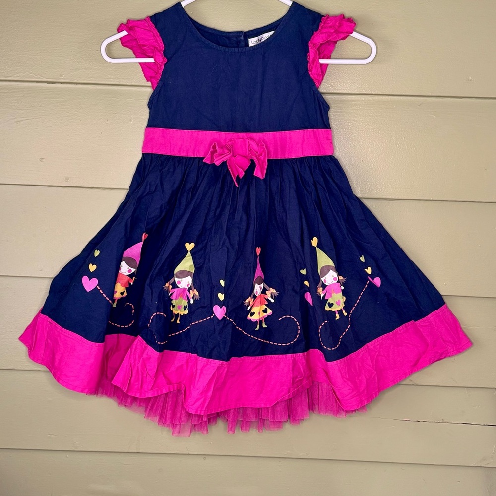 Girls' Navy and Pink Dress with Girl Gnome Design SZ 6